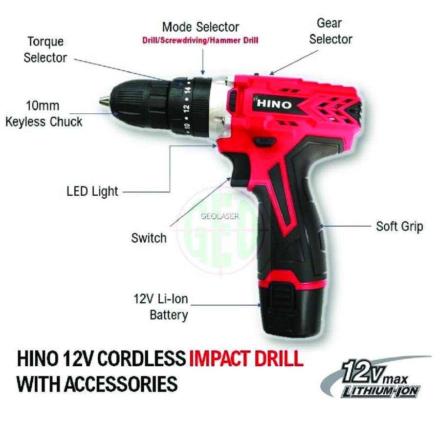 HINO 12V CORDLESS IMPACT / HAMMER DRILL SET WITH 90 PCS ACCESSORIES