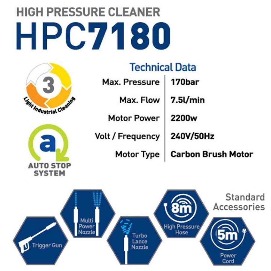 TSUNAMI HPC7180 LIGHT INDUSTRIAL CLEANING HIGH PRESSURE CLEANER 2200W