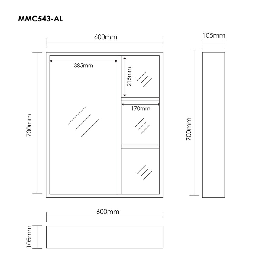 MOCHA 2FT BLACK MIRROR CABINET MMC543-AL